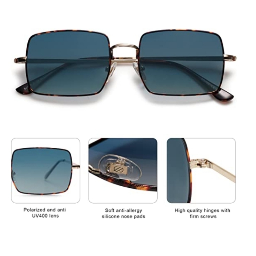 Blue Lenses Rectangle Polygon Polarized Sunglasses Retro Classic Vintage - Picture 3 of 4